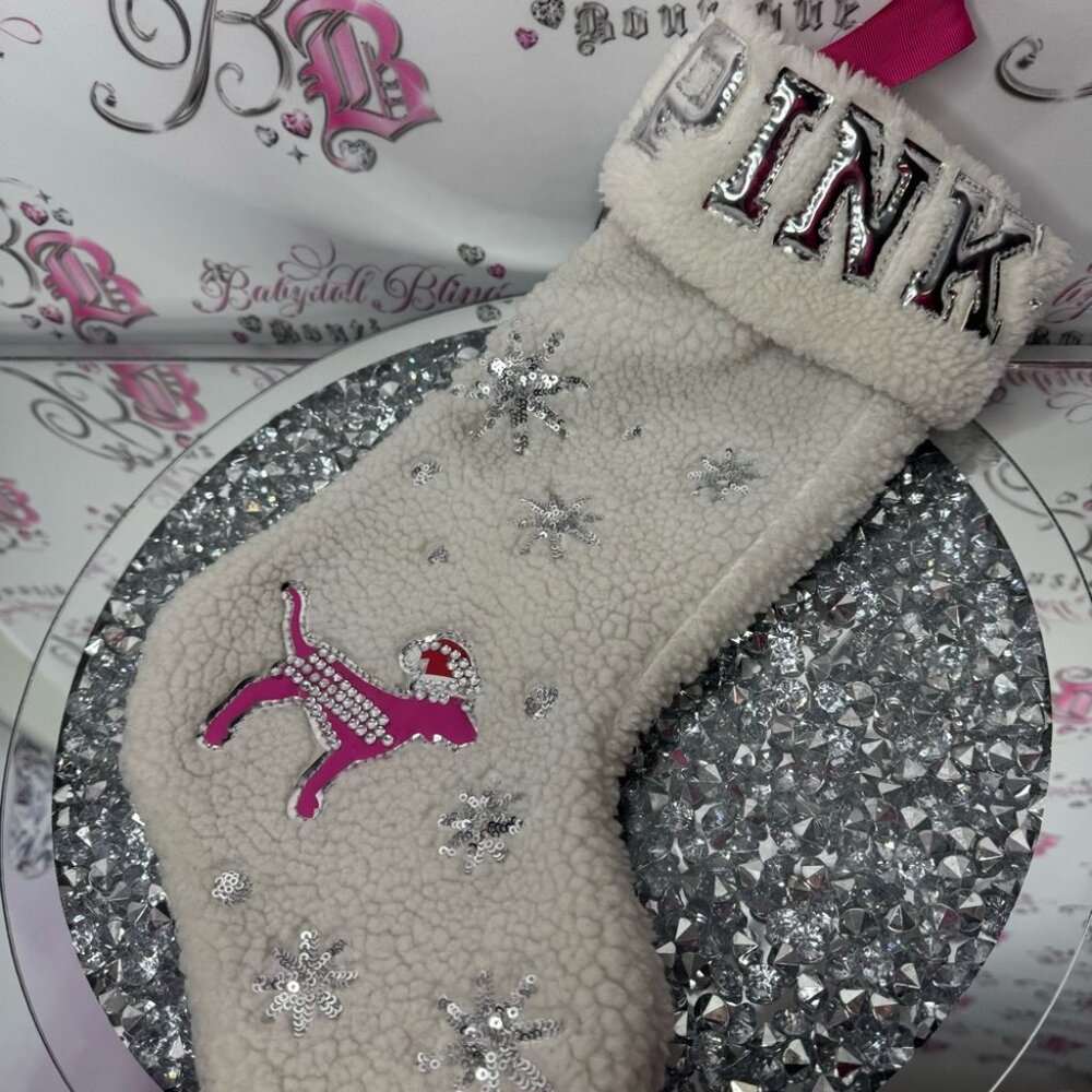 Victoria secret pink stocking Christmas Sherpa 2019 bling diamonds dog rare Xmas - Picture 9 of 11